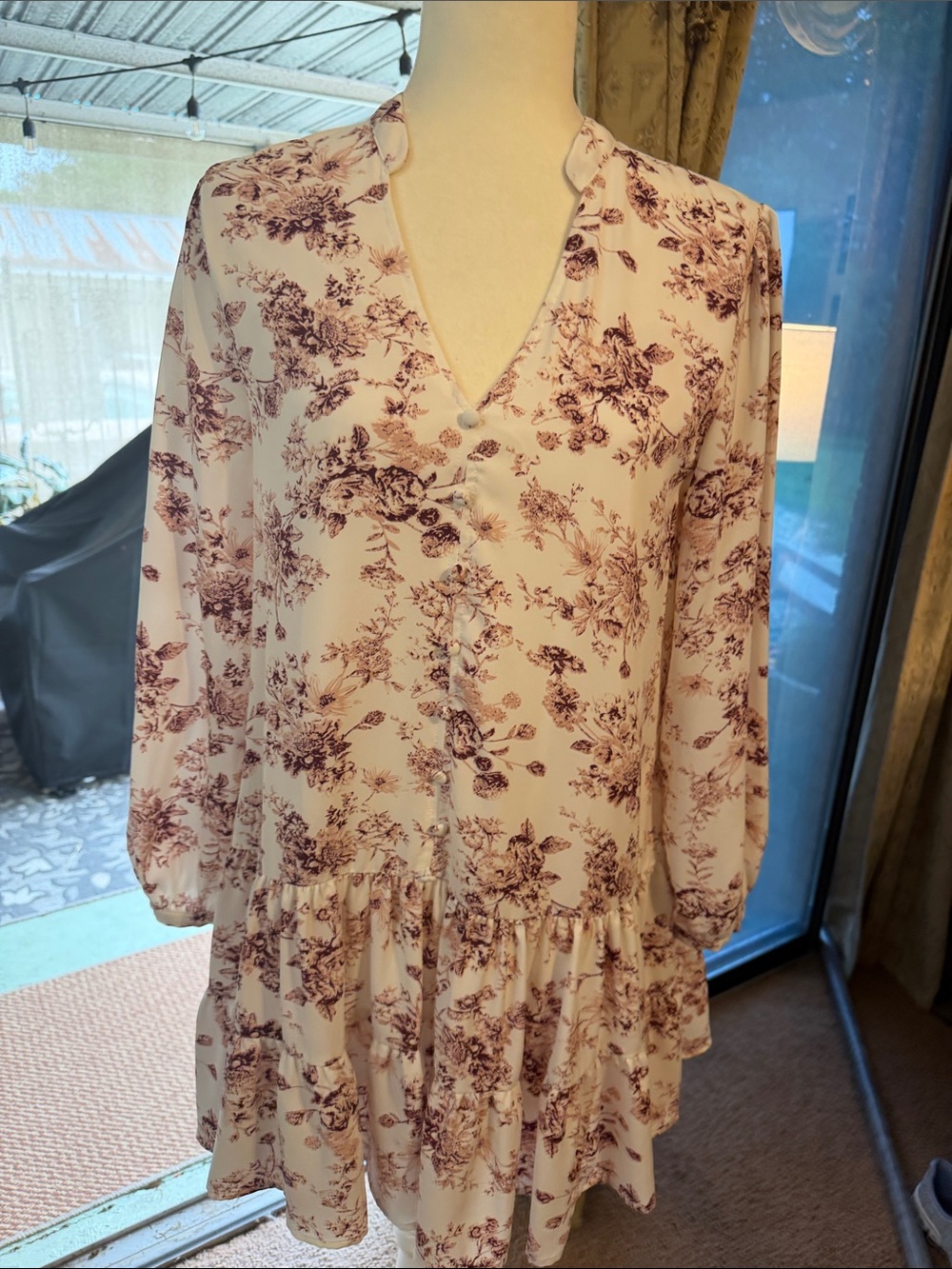 entro Cream and Burgundy Floral Ruffle Dress